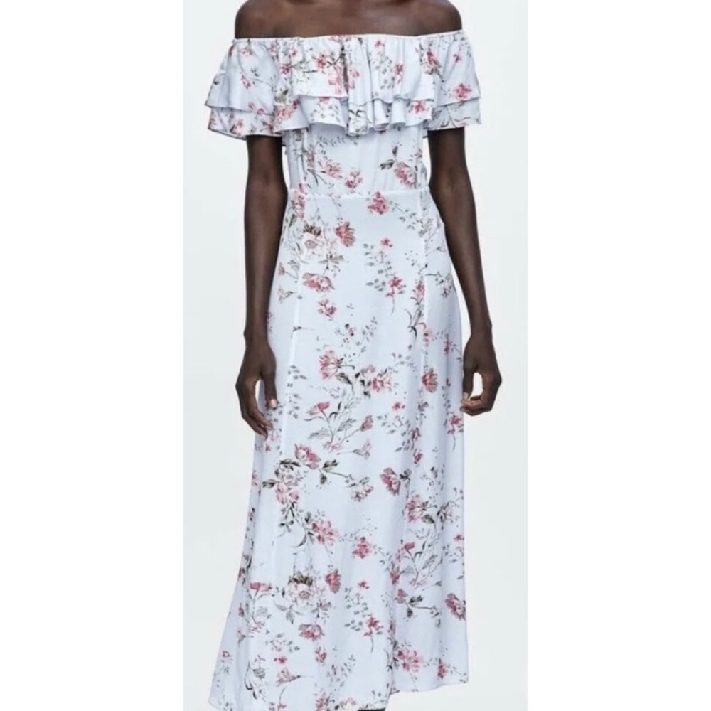 Zara ruffle off the shoulder maxi dress pastel blue pink florals